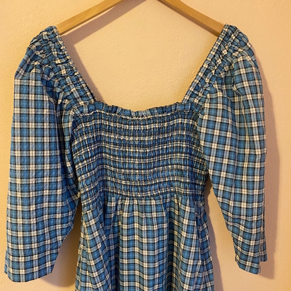 GANNI Seersucker Check Smock Midi Dress - Azure Blue size 8 - Picture 12 of 14
